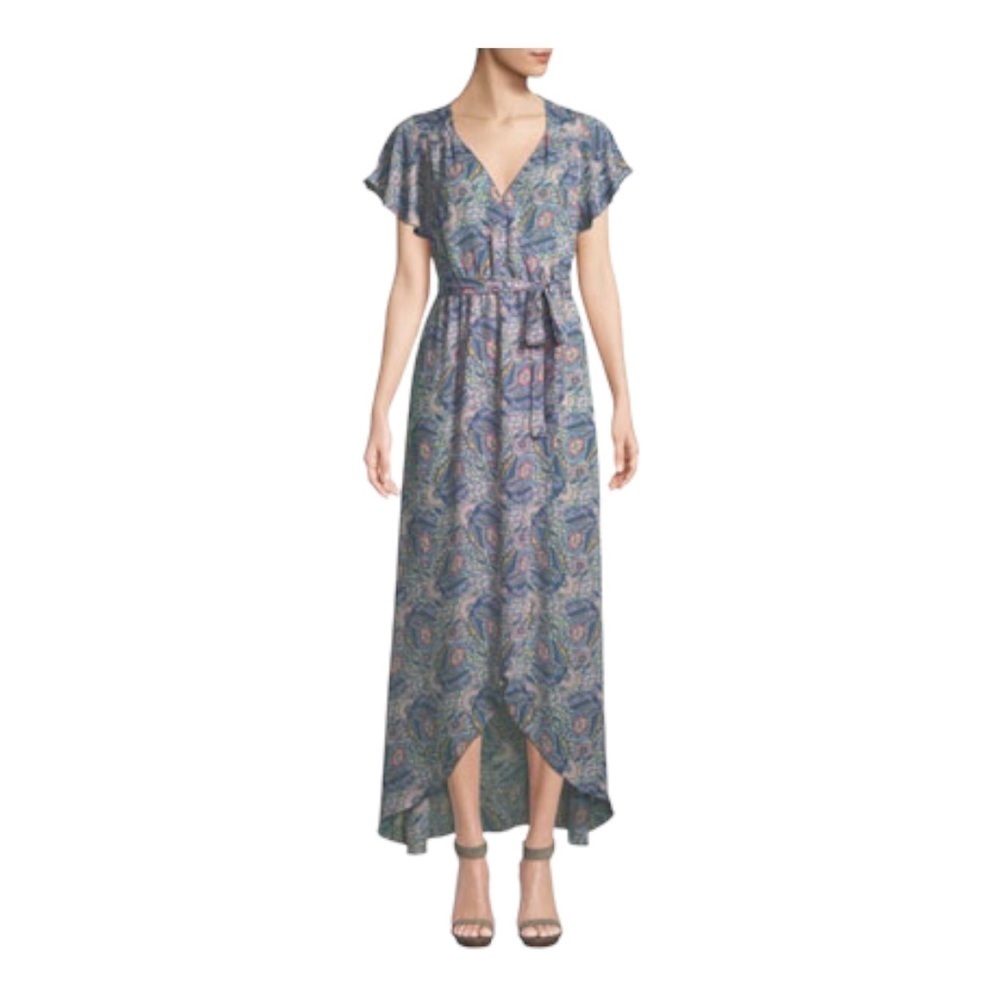 Ella Moss Floral Ruffle Hi/Lo Midi Dress Blue Multi-Color Flutter Sleeves Medium